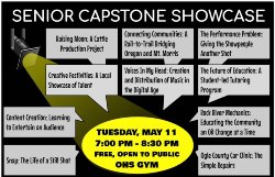 Senior capstone showcase flyer, black background with stage light shining on grey boxes listing showcase groups